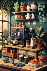 Cozy Home Coffee Station with Lush Indoor Plants