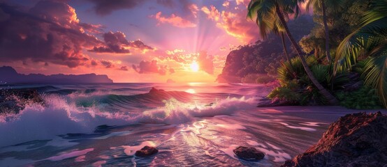 beach sea view palm trees Dawn sun - Powered by Adobe