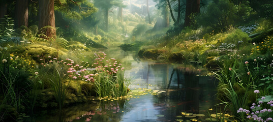 A winding forest stream in a temperate forest, surrounded by lush greenery and small wildflowers, reflecting the sky and trees in its clear waters