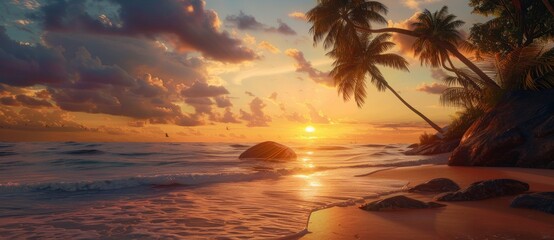 Fototapeta na wymiar beach sea view palm trees Dawn sun