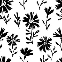Meadow flowers seamless pattern. Black on white ink drawing floral design. Modern print for textile, fabric, wallpaper, wrapping, scrapbook and packaging