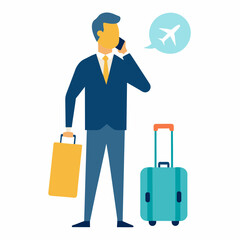 Vector illustration of a Businessman at the airport with luggage talking on the phone