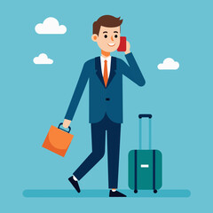Vector illustration of a Businessman at the airport with luggage talking on the phone