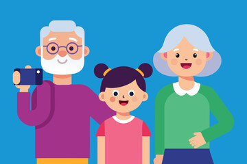 Grandparents taking pictures with granddaughter happily flat vector design illustration