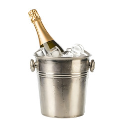Bottle of champagne and ice in bucket isolated on transparent background Generative Ai.