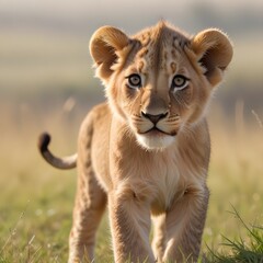 A young lion cub standing in a grassy field, with a blurred background