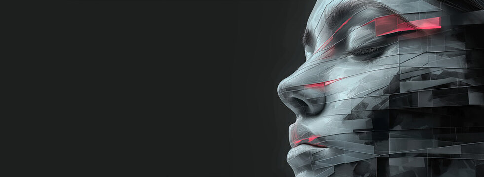 Banner with  abstract girl on black background. Concept: symbol of immersion in the technology. Free space for text.