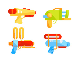Toy guns spraying water, weapons. Plastic water pistols