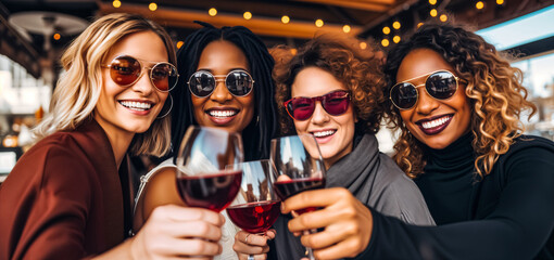 Diverse Women's Stylish Brunch Outing. A group of diverse female friends enjoying a fashionable brunch outing with wine at an outdoor cafe. Diversity & Fashion concept