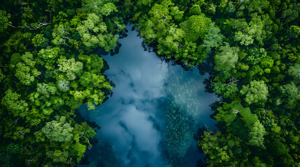 Aerial view of a natural aquifer in a forest, the water shimmering with reflections of lush green trees and clear skies