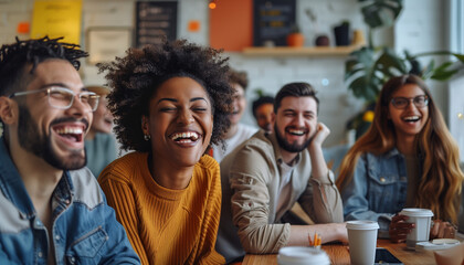 Obraz premium of a young, diverse team in a startup environment, all dressed casually, laughing and enjoying a light moment during a break, Diverse team, businesspeople, multicultural people, wi