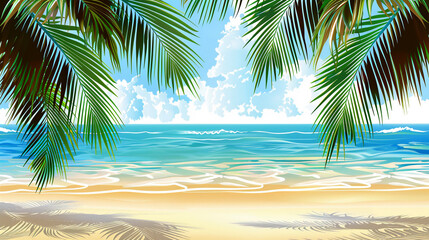 Summer vacation backdrop with green palm leaves against tropical beach. Banner design. Copy space.