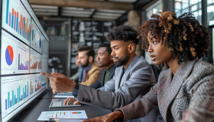 capturing a focused medium shot of a mixed ethnic group using a large touchscreen display to review data and analytics during a strategic meeting, conference, meeting, business pro