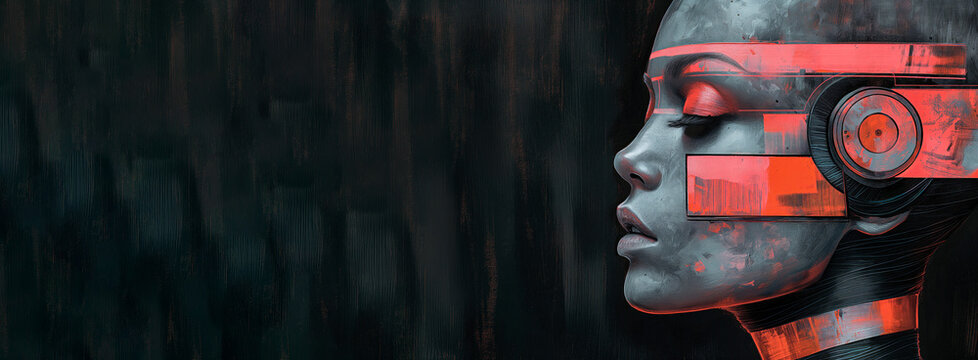 Banner with cyborg girl on black background. Concept: symbol of immersion in the technology. Free space for text.
