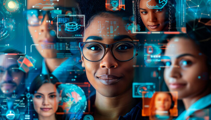 showcasing an artistic collage of faces and tech devices, illustrating a seamless integration of multicultural collaboration and technology, collage, business professionals, ethnic