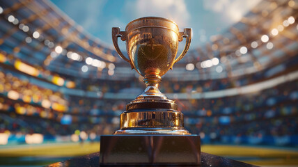 The image shows a golden trophy sitting on a pedestal in a large stadium.