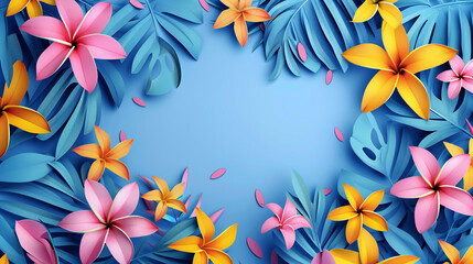 Paper cut bright pink and yellow plumeria flowers and palm tree leaves on a blue background. Floral backdrop with copy space. Banner, greeting card design.