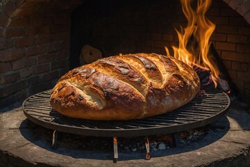 a traditional brick oven with flames flickering inside, a loaf of bread resting on a peel ready to be slid in - obrazy, fototapety, plakaty