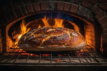 a traditional brick oven with flames flickering inside, a loaf of bread resting on a peel ready to be slid in - obrazy, fototapety, plakaty
