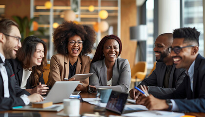 of a diverse group of businesspeople laughing together around a boardroom table, with digital devices and paperwork in front of them, Diverse team, businesspeople, multicultural pe