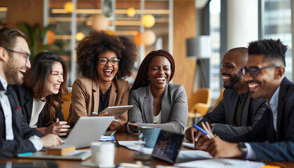 of a diverse group of businesspeople laughing together around a boardroom table, with digital devices and paperwork in front of them, Diverse team, businesspeople, multicultural pe - Powered by Adobe