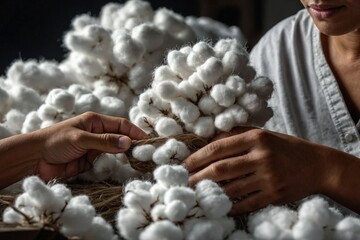hands meticulously inspecting and handpicking impurities from raw cotton fibers