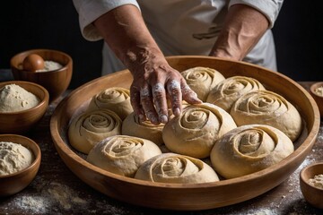 a baker's hands shaping dough into individual rolls - obrazy, fototapety, plakaty