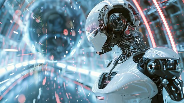 Digital artwork portraying a humanoid AI robot navigating a dynamic environment, demonstrating adaptability and learning capabilities