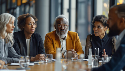 of a medium shot with a mixed ethnic group at a roundtable negotiation, each person displaying open body language and engaging in the discussion, conference, meeting, business prof