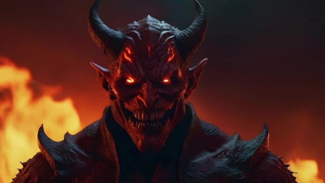 Devil in hall, devil with two horns and red eyes burning with fire generative AI