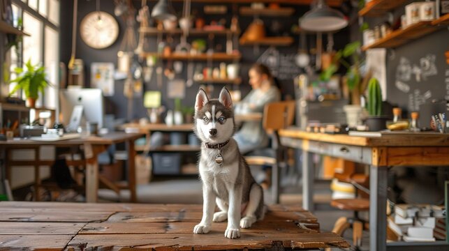   A Huskie dog perches atop a wooden table amidst numerous shelves, with a lady in the distance