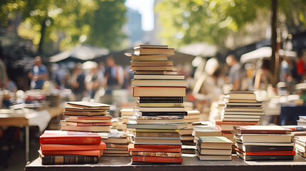 Stacks of Old hard-cover used books multicolor rows on the street book Flea market with visitors on background. Educational, reading, smart intelligent humans concept image.