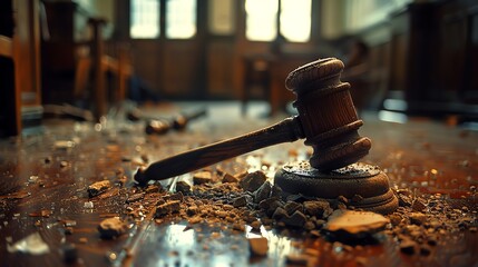Dramatic image of a shattered wooden gavel on a courtroom floor, symbolizing a breakdown in judicial integrity