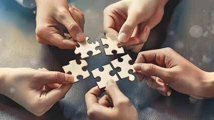 Four pairs of hands collect puzzles, close-up. Men and women assemble a picture from cardboard puzzles. Concept: mutual assistance, cooperation, common cause