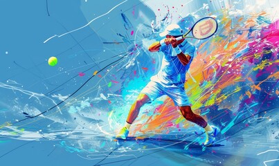 abstract digital art of tennis player hitting the ball, on blue background, full body, colorful Generative AI