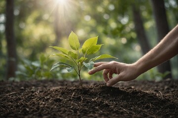 A hand reaching out to gently touch the leaves of a newly planted tree