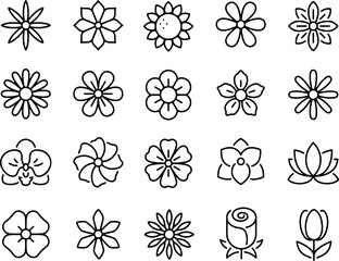 Pixel perfect icon set of flowers floral gardening rose plant petal daisy clover ornate flower blossom lily. Thin line icons flat vector illustrations isolated on white and transparent background