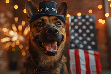 Obraz premium Funny patriotic dog in hat with American flag and fireworks on background, 4 July Independence Day celebration.