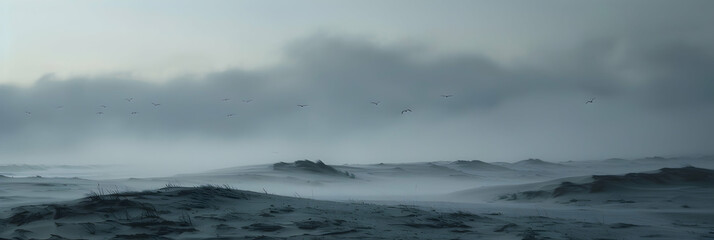 An atmospheric foggy morning at the coastal dunes, with the silhouette of distant birds flying over and the sound of waves barely visible through the mist