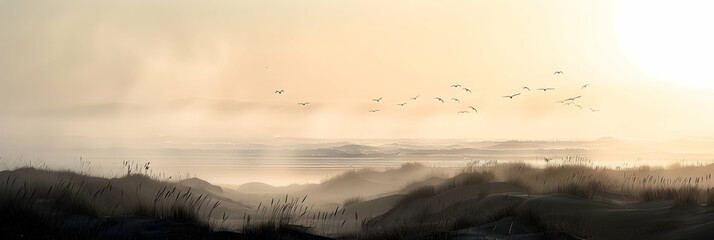 An atmospheric foggy morning at the coastal dunes, with the silhouette of distant birds flying over and the sound of waves barely visible through the mist