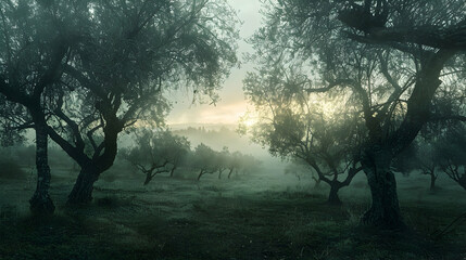 An atmospheric shot of a misty olive grove at dawn, the mist softening the outlines of the trees and creating a mystical ambiance