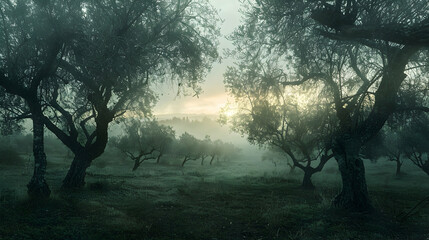 An atmospheric shot of a misty olive grove at dawn, the mist softening the outlines of the trees and creating a mystical ambiance