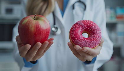 Doctor holding natural foods an apple and a donut