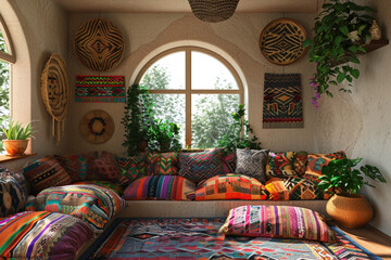 Boho style living room interior design With a corner sofa filled with colorful patterned pillows and a large arched window.