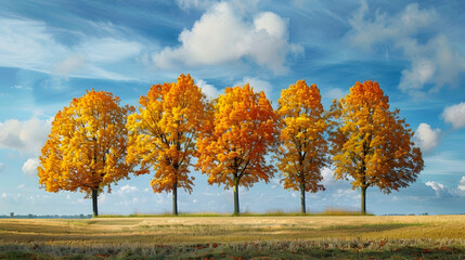 An autumnal polder landscape with trees shedding golden leaves, creating a colorful contrast against the typically green and blue backdrop