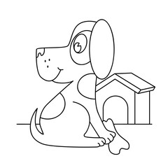 Coloring page. Dog with bone and his house. Colored worksheet for kids. Hand drawn vector illustration
