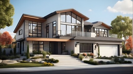 a modern two-story home including an open concept first floor living room, dining room, and kitchen. produced with AI