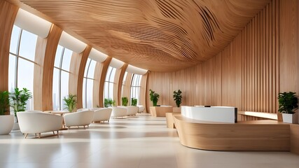 Interior of a contemporary corporate office lobby with wooden panels and natural lighting. Concept for designing an upscale office space that incorporates corporate branding, architecture, and interio
