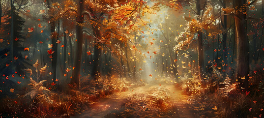 An autumnal scene in a deciduous forest with a mix of golden, orange, and red leaves falling gently to the forest floor, a narrow path meandering through