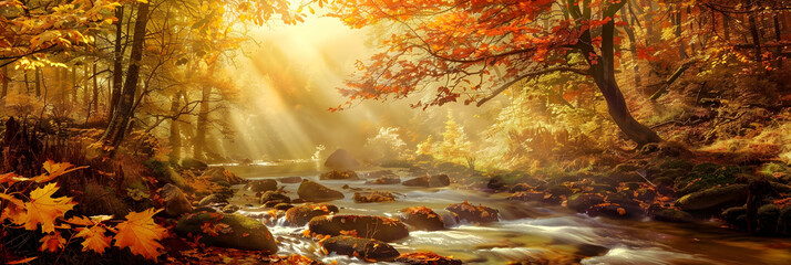 An autumnal scene with a brook winding through a forest filled with golden yellow and fiery red leaves, a slight mist rising from the water